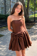 Brown Strapless A-Line Satin Ruched Bow Homecoming Dress With Pearl - KissProm