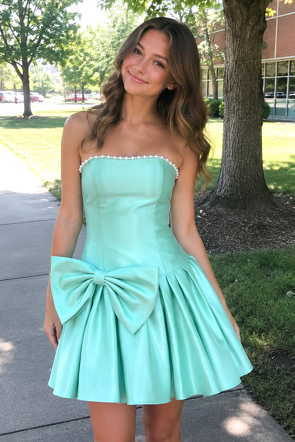 Aqua Strapless A-Line Satin Ruched Bow Homecoming Dress With Pearl - KissProm