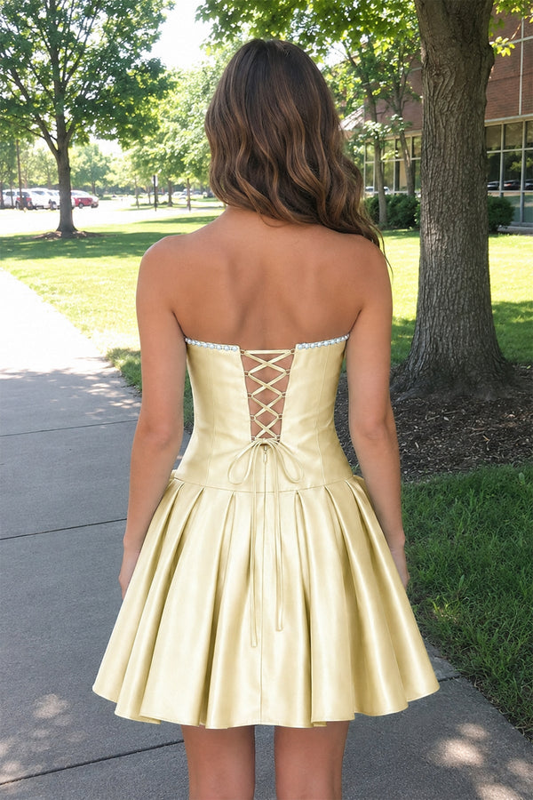 Gold Strapless A-Line Satin Ruched Bow Homecoming Dress With Pearl - KISSPROM