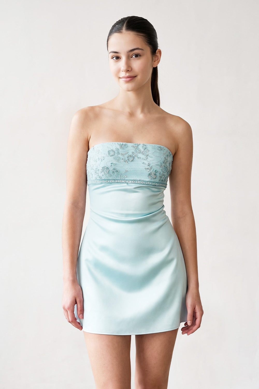Aqua Strapless Appliqued Satin Sheath Homecoming Dress | KISSPROM