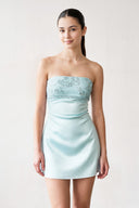 Aqua Strapless Appliqued Satin Sheath Homecoming Dress | KISSPROM