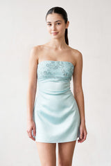 Aqua Strapless Appliqued Satin Sheath Homecoming Dress | KISSPROM