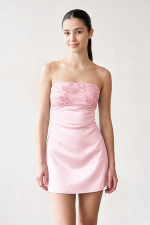 Pink Strapless Appliqued Satin Sheath Homecoming Dress | KISSPROM