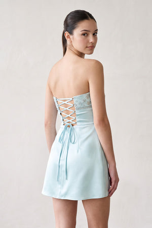 Sky Blue Strapless Appliqued Satin Sheath Homecoming Dress (2) | KISSPROM
