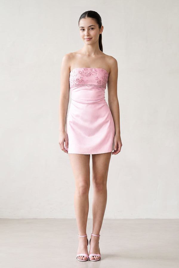 Pink Strapless Appliqued Satin Sheath Homecoming Dress (3) | KISSPROM