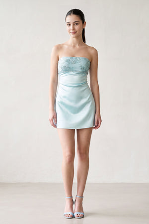 Sky Blue Strapless Appliqued Satin Sheath Homecoming Dress (3) | KISSPROM