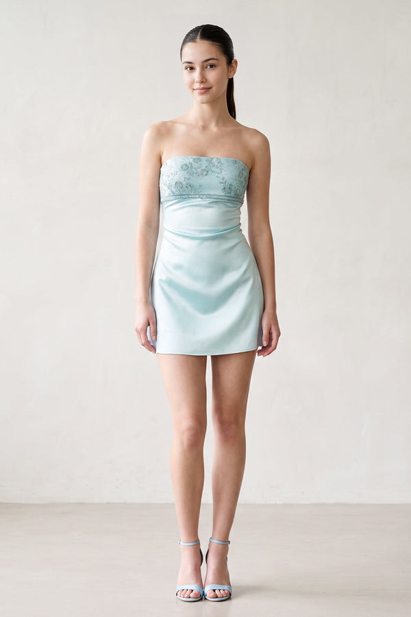 Sky Blue Strapless Appliqued Satin Sheath Homecoming Dress (3) | KISSPROM