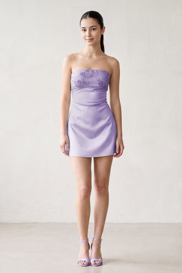 Lavender Strapless Appliqued Satin Sheath Homecoming Dress (3) | KISSPROM