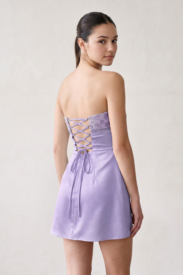Lavender Strapless Appliqued Satin Sheath Homecoming Dress (2) | KISSPROM