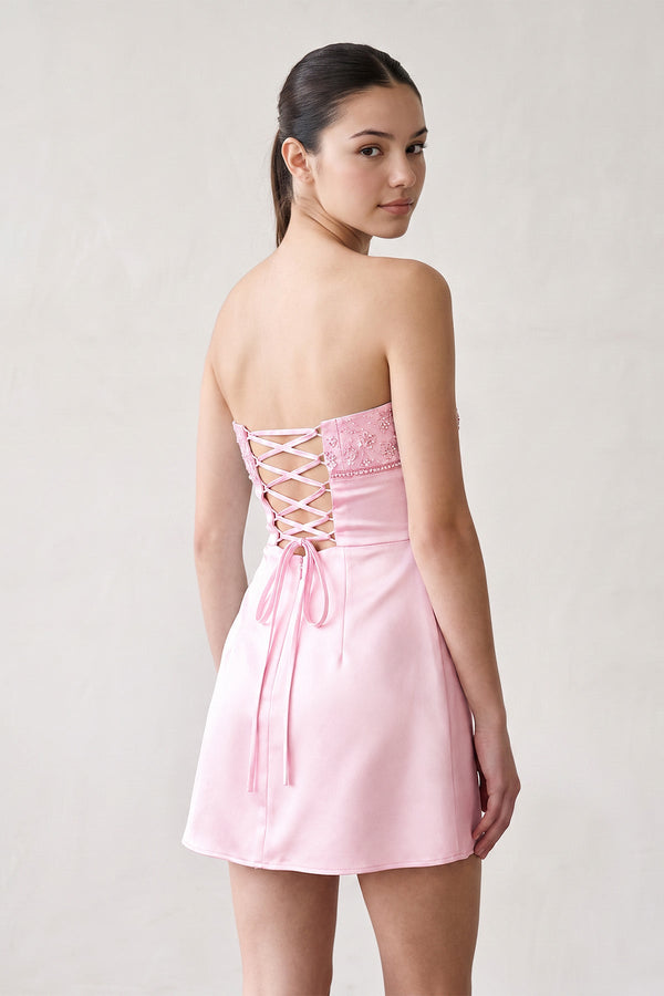 Pink Strapless Appliqued Satin Sheath Homecoming Dress (2) | KISSPROM