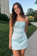 Aqua Strapless Appliqued Satin Sheath Homecoming Dress | KISSPROM