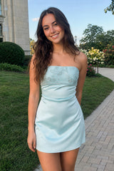 Aqua Strapless Appliqued Satin Sheath Homecoming Dress | KISSPROM