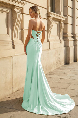 Aqua Strapless Mermaid Satin Beaded Long Prom Dresses With Slit - KissProm