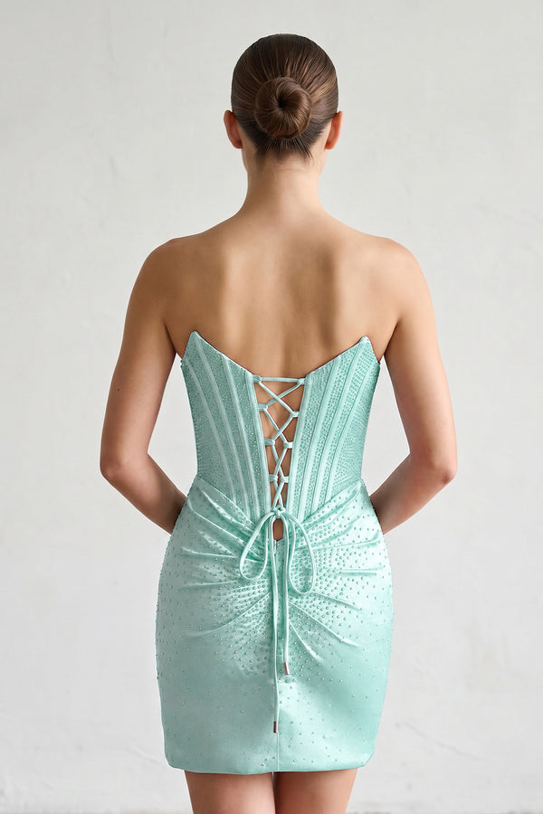 Aqua Strapless Satin Bodycon Short Homecoming Dresses With Beading (2) | KISSPROM