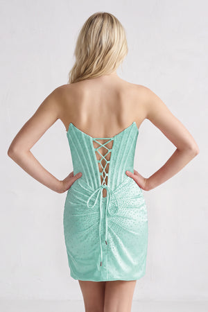 Aqua Strapless Satin Bodycon Short Homecoming Dresses With Beading (4) | KISSPROM