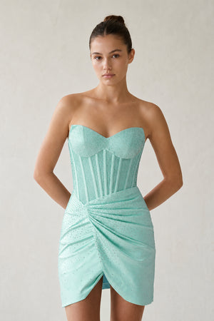 Aqua Strapless Satin Bodycon Short Homecoming Dresses With Beading | KISSPROM