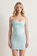 Aqua Off-the-Shoulder Satin Sheath Corset Homecoming Dress With Pearl - KissProm