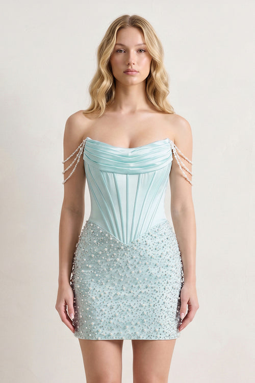 Aqua Off-the-Shoulder Satin Sheath Corset Homecoming Dress With Pearl - KissProm