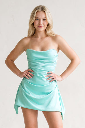 Aqua Strapless Sheath Irregular Hem Satin Short Homecoming & Cocktail Dress | KISSPROM