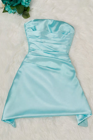 Aqua - Strapless Sheath Irregular Hem Satin Short Homecoming & Cocktail Dress – Homecoming Dress by KissProm | Available at KissProm