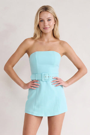 Aqua Strapless Sheath Satin Homecoming Dress with Belt | KISSPROM