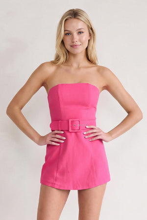 Hot Pink Strapless Sheath Satin Homecoming Dress with Belt | KISSPROM