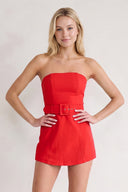 Red Strapless Sheath Satin Homecoming Dress with Belt | KISSPROM