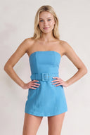 Blue Strapless Sheath Satin Homecoming Dress with Belt | KISSPROM