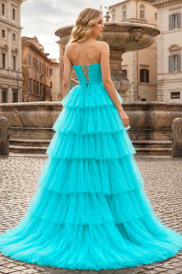 A-Line Strapless Tiered Tulle Prom Dress with Ruffles - KissProm