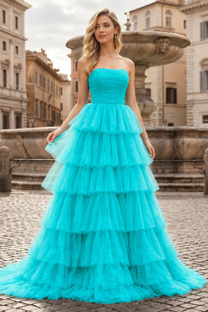 A-Line Strapless Tiered Tulle Prom Dress with Ruffles - KissProm