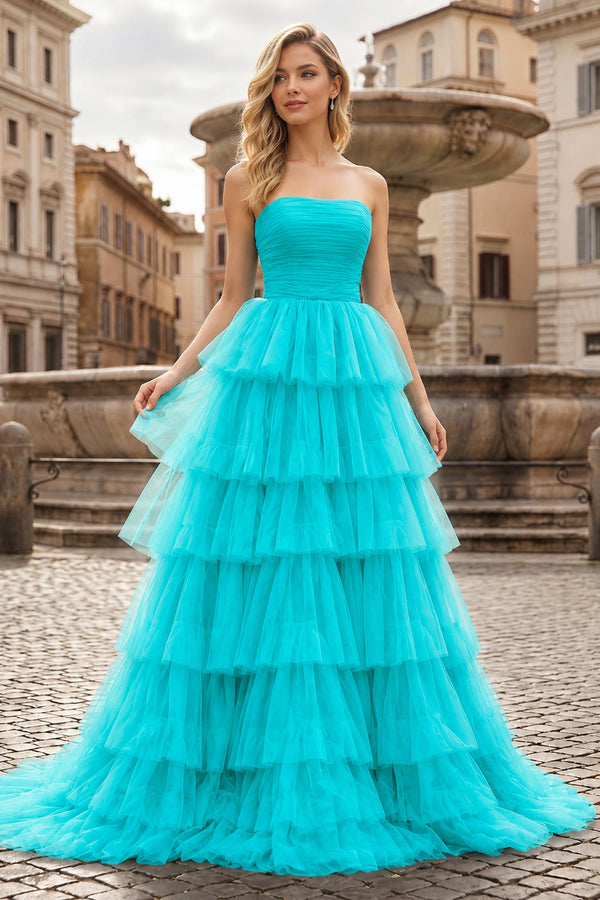 A-Line Strapless Tiered Tulle Prom Dress with Ruffles - KissProm