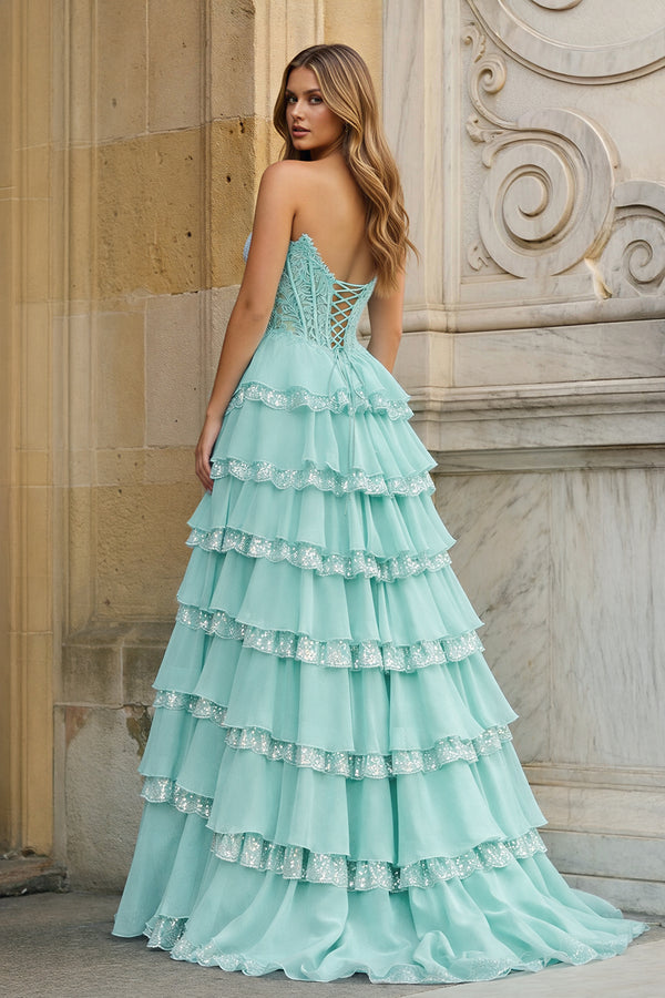 KissProm-Aqua Sweetheart A Line Sequined Lace Ruffled Long Prom Dresses With Appliques