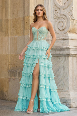 KissProm-Aqua Sweetheart A Line Sequined Lace Ruffled Long Prom Dresses With Appliques