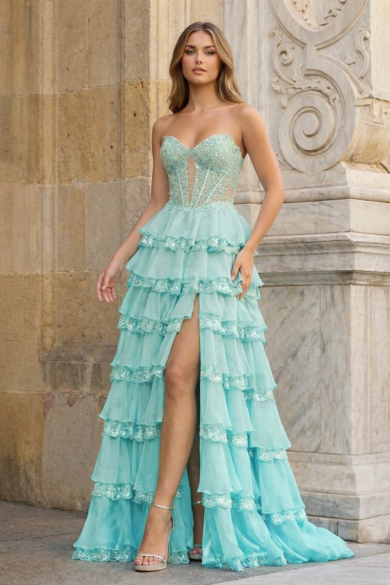 KissProm Sky Blue Sweetheart A Line Sequined Lace Ruffled Long Prom Dresses With Appliques, Sky Blue / 8