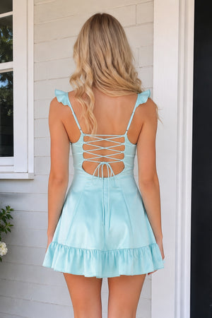 Aqua Sweetheart Ruffled A-Line Satin Homecoming Dress | KISSPROM