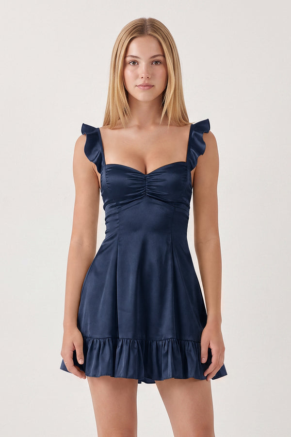 Navy Blue Sweetheart Ruffled A-Line Satin Homecoming Dress | KISSPROM