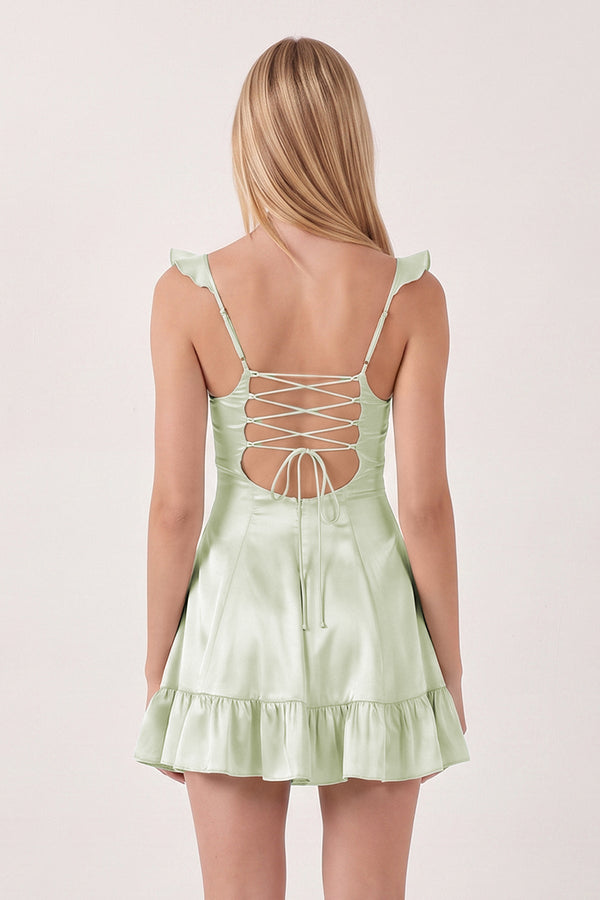 Sage Green Sweetheart Ruffled A-Line Satin Homecoming Dress | KISSPROM