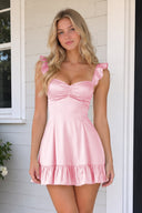 Pink Sweetheart Ruffled A-Line Satin Homecoming Dress | KISSPROM