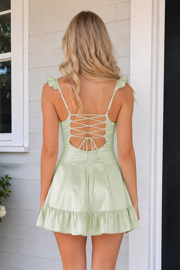 Sage Green Sweetheart Ruffled A-Line Satin Homecoming Dress | KISSPROM