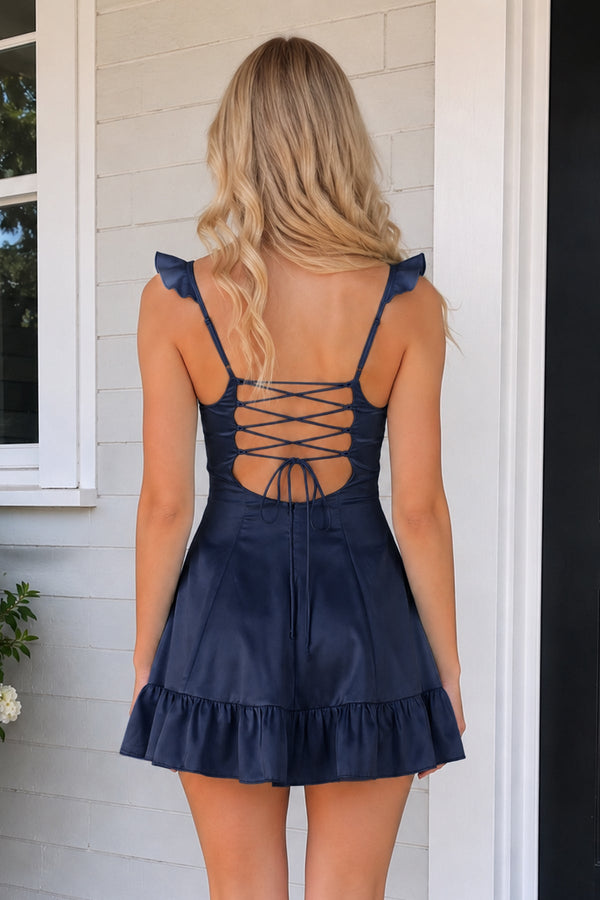 Navy Blue Sweetheart Ruffled A-Line Satin Homecoming Dress | KISSPROM