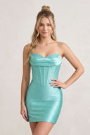 Aqua Sweetheart Satin Sheath Corset Homecoming Dress With Rhinestones | KISSPROM