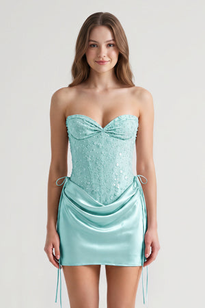 Aqua Sweetheart Sheath Corset Ruched Satin Homecoming Dress with Beading (3) | KISSPROM