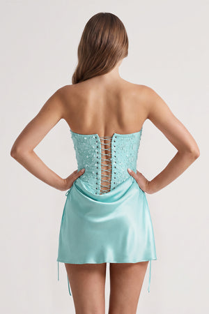 Aqua Sweetheart Sheath Corset Ruched Satin Homecoming Dress with Beading (4) | KISSPROM