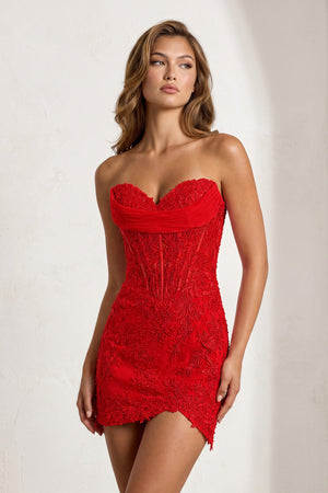 Red Sweetheart Sheath Embroidered Appliqued Corset Homecoming Dress | KISSPROM