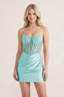 Aqua Sweetheart Sheath Satin Corset Ruched Homecoming Dress With Beading | KISSPROM