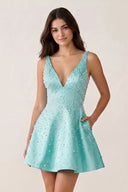 Aqua V-Neck A-Line Satin Homecoming Dress With Pearl | KISSPROM