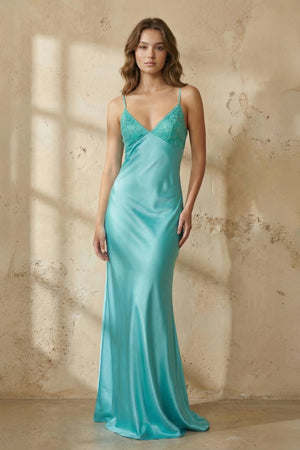 Kiss Prom-Aqua Spaghetti Straps Sheath Satin Long Prom Dresses With Appliques