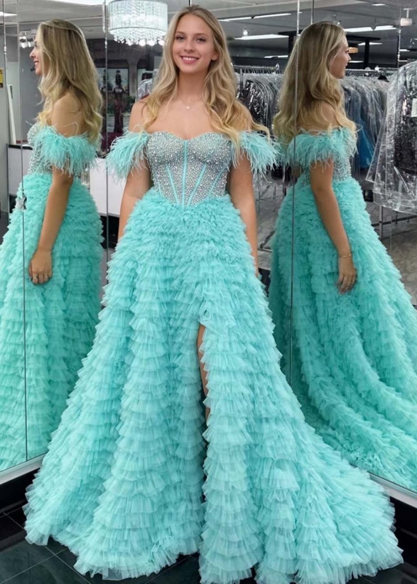 Astrid |A Line Off the Shoulder Tiered Tulle Prom Dress With Slit