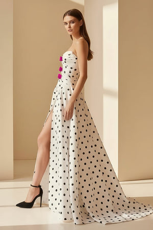 Aramie | Black - White Strapless A Line Polka Dots Satin Long Formal Prom Dresses With Bow - KissProm