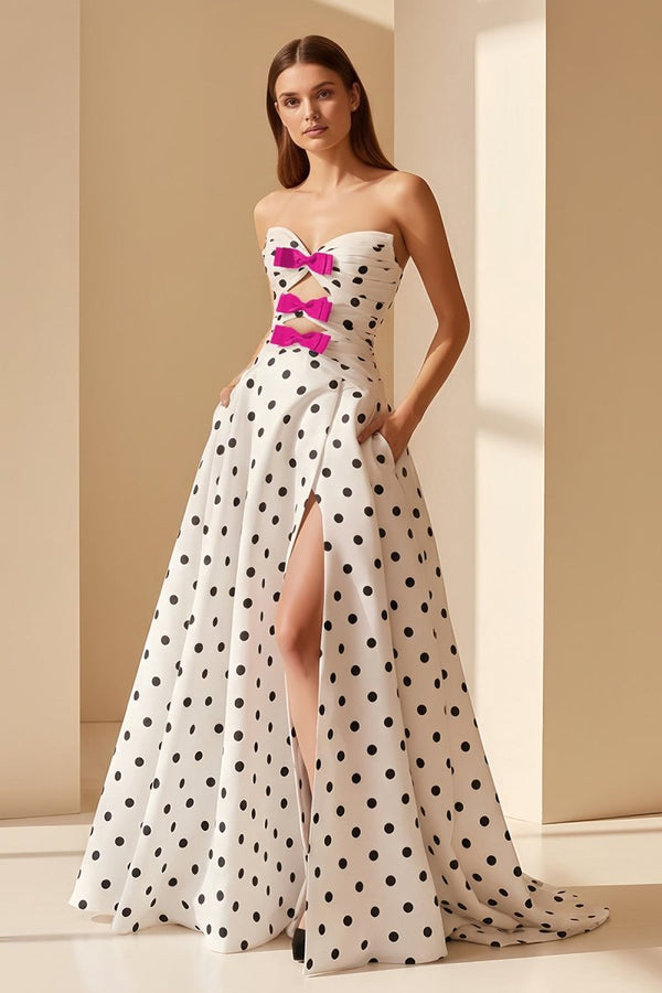 Aramie | Black - White Strapless A Line Polka Dots Satin Long Formal Prom Dresses With Bow - KissProm
